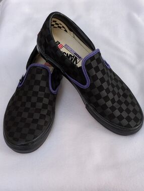 Vans Black Checkerboard Slip-On with Black Sole & Purple Piping 9.5 Men